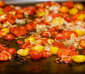 Warm Pasta with Roasted Tomatoes, Greens and Goat Cheese