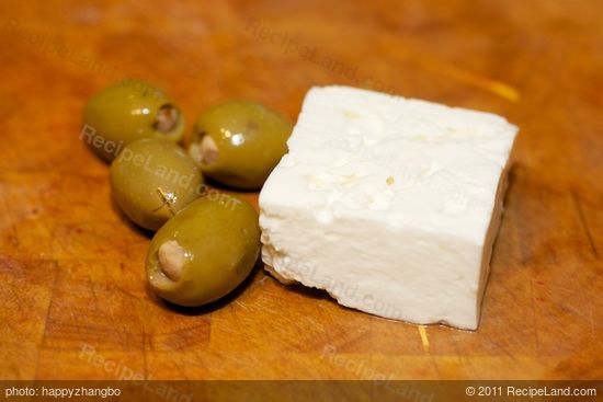 Next you need a few olives and some feta cheese.
