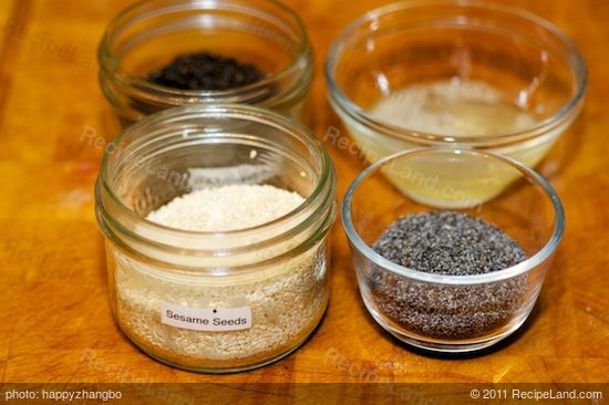 Egg wash, sesame and poppy seeds for the final step.