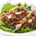 Five Bean, Artichoke and Sundried Tomato Salad with Greens and Toasted Almonds