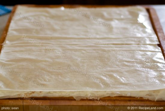 Repeat layers 3 times, top with 1 phyllo sheet. 