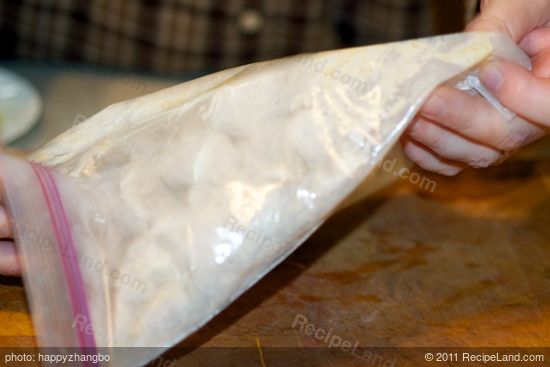 Shake a few chicken pieces in the bag at a time, coating well. 