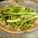 Place shaved asparagus over the cheese and mushrooms. 
