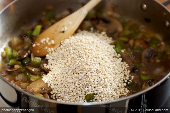 Then I added the toasted barley into the pan.