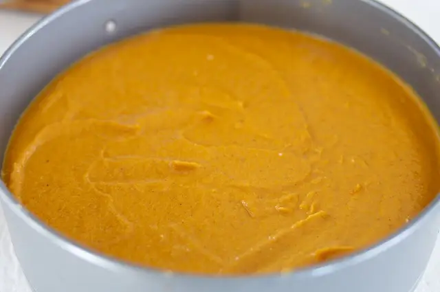 Pour half of pumpkin mixture into prepared crust. 