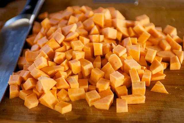 Dice the sweet potatoes.