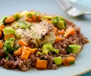 Grilled Mahi mahi, Red Onion Couscous, Chunky Papaya Avocado Salsa