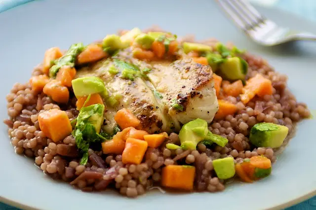 Grilled Mahi mahi, Red Onion Couscous, Chunky Papaya Avocado Salsa