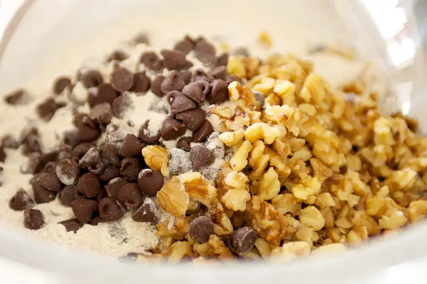 Add walnuts and chocolate chips. Stir until well mixed.