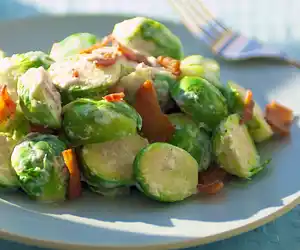 Creamy Brussels Sprouts with Bacon Horseradish Sauce
