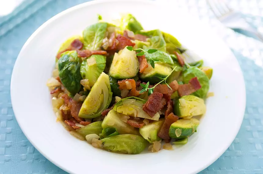 Brussels Sprouts with Bacon & Onions Stir-fry