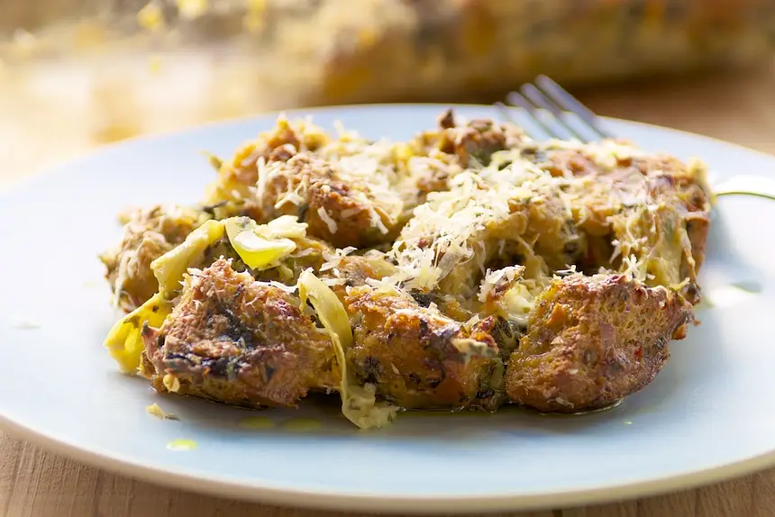 Spinach, Artichoke & Swiss Cheese Bread Pudding 