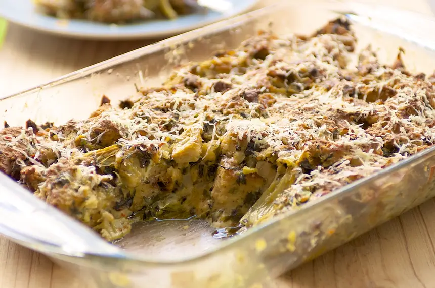 Spinach, Artichoke & Swiss Cheese Bread Pudding 