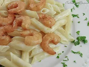 Penne Alfredo with Asian Flavored Shrimps