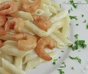 Penne Alfredo with Asian Flavored Shrimps
