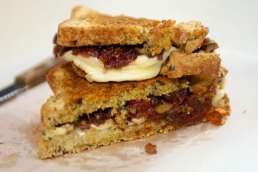 Caramelized Onion, Basil Pesto & Sun-Dried Tomato Grilled Cheese