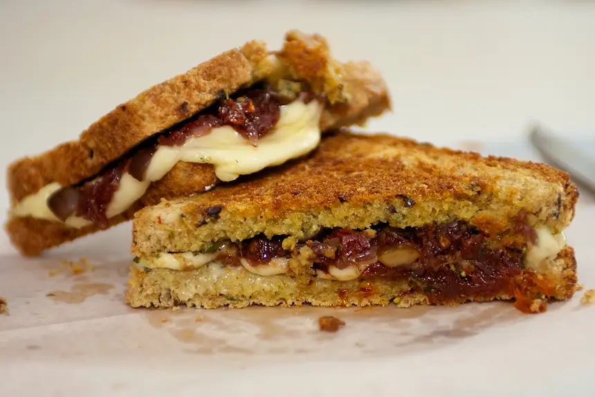 Caramelized Onion, Basil Pesto & Sun-Dried Tomato Grilled Cheese