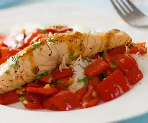 James Barber's Pan Roasted Salmon with Sweet Peppers