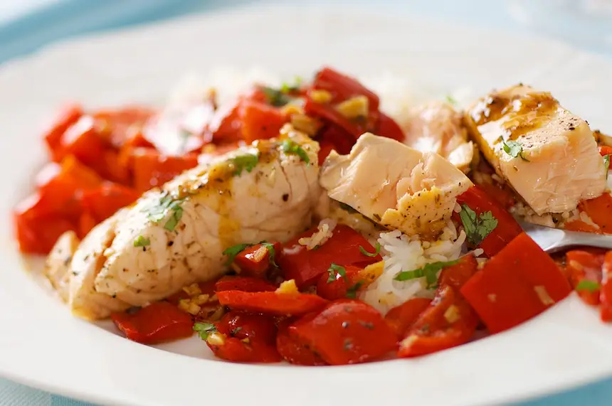James Barber's Pan Roasted Salmon with Sweet Peppers