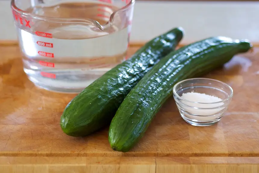 First you need cucumber, water and salt.