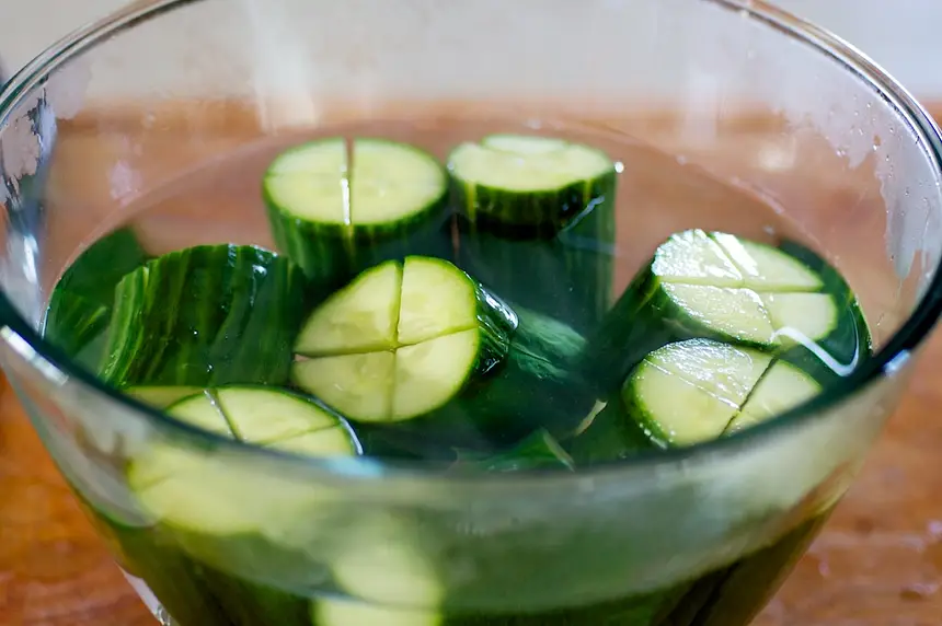 Add all the cucumber logs into a large bowl.  