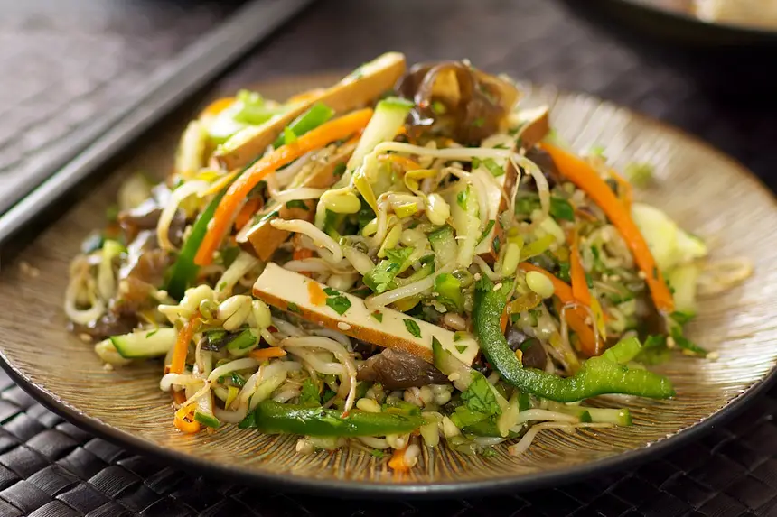 Vegetable Smoked Tofu Salad with Soy-Maple Dressing