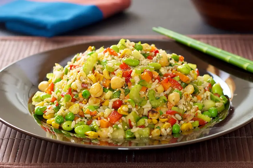 Veggie and Rice Salad with Soy-Maple Dressing