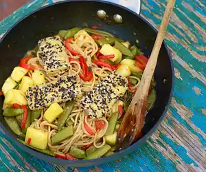 Sesame-Crusted Tofu with Spicy Pineapple Noodles