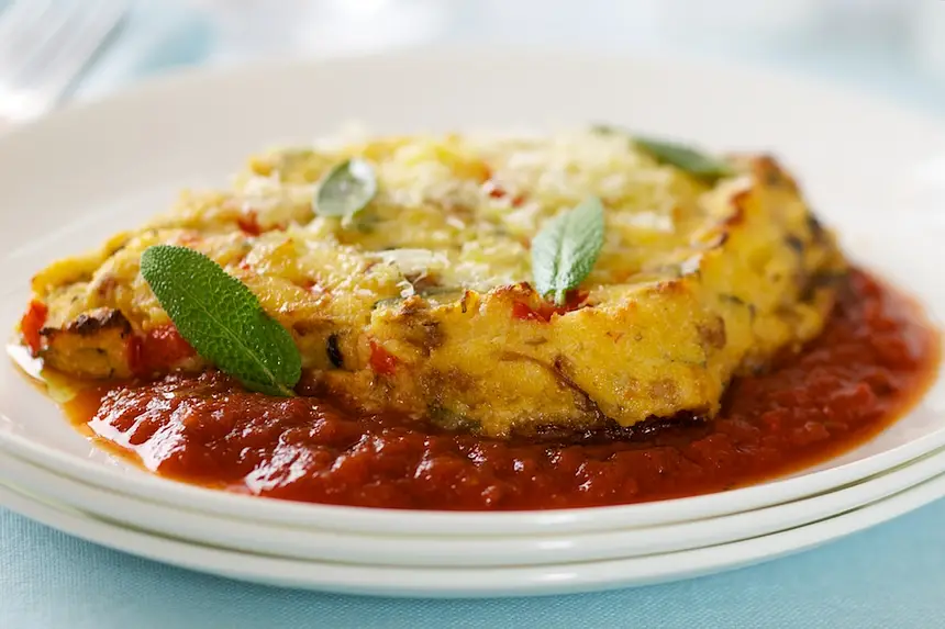 Baked Polenta with Italian Sausage, Mushrooms & Three Cheeses