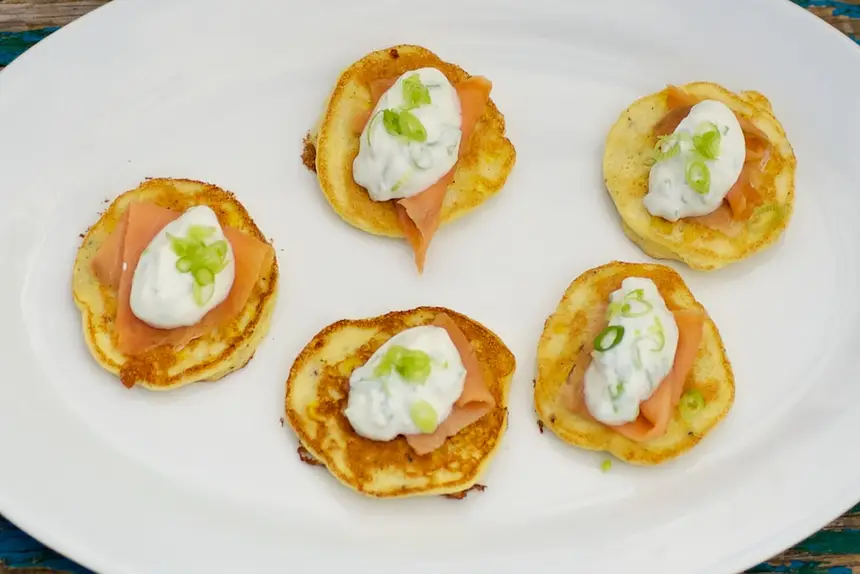 Fresh Corn Blinis with Smoked Salmon & Chive Cream