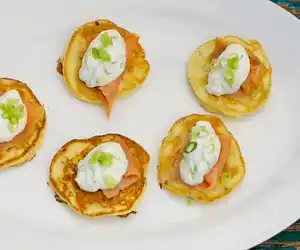 Fresh Corn Blinis with Smoked Salmon & Chive Cream