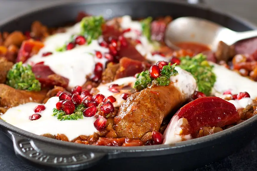 Beets, Chorizo & Pomegranate Braise with Cilantro Salsa