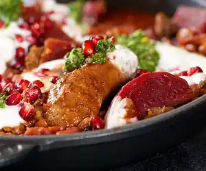 Beets, Chorizo & Pomegranate Braise with Cilantro Salsa