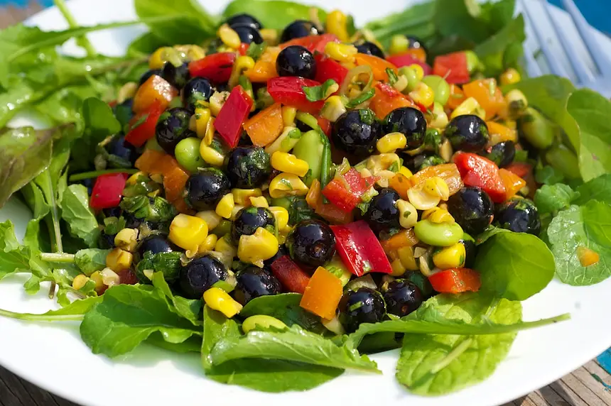 Blueberry, Roasted Corn, Soy Bean & Arugula Salad