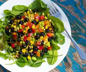 Blueberry, Roasted Corn, Soy Bean & Arugula Salad