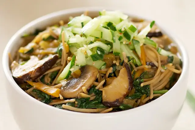 Soba Noodles, Mushroom & Tatsoi with Sweet-Sour Cucumber