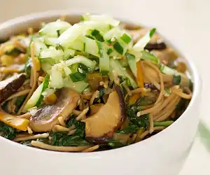Soba Noodles, Mushroom & Tatsoi with Sweet-Sour Cucumber