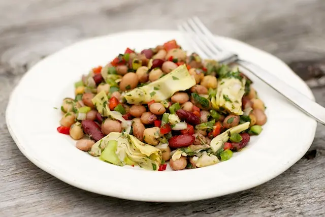 Three Bean Salad with Sweet Bell Peppers & Artichoke Hearts
