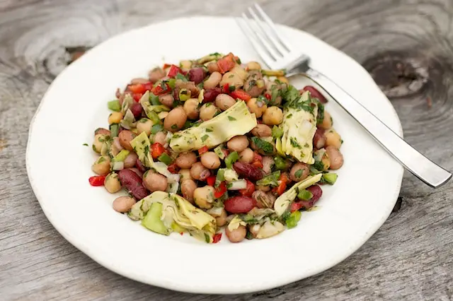 Three Bean Salad with Sweet Bell Peppers & Artichoke Hearts