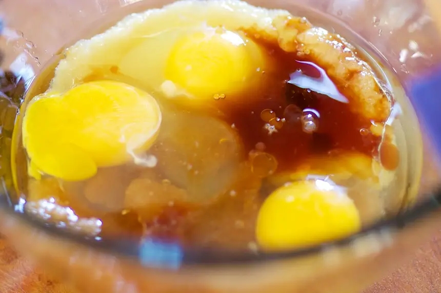 Beat sugar, oil, eggs, vanilla 