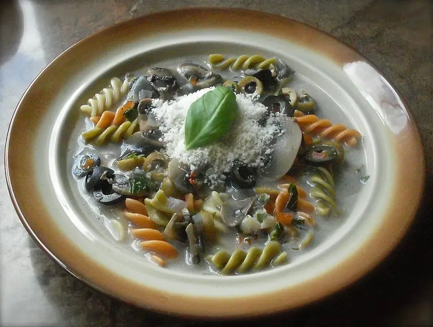 Olive & White Mushroom Soup with 3-colors Fusilli