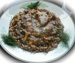 Pork Shoulder in Chanterelle Sauce over Buckwheat
