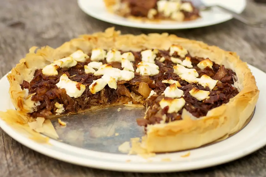 Caramelized Onion & Fennel Phyllo Tart with Goat Cheese