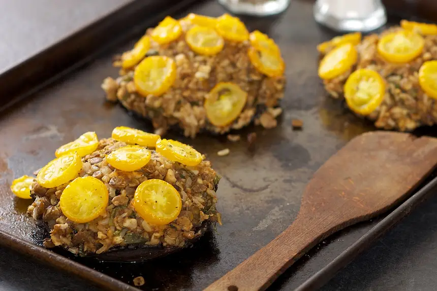 Cashews, Lentils & Brown Rice Stuffed Portobello Mushrooms