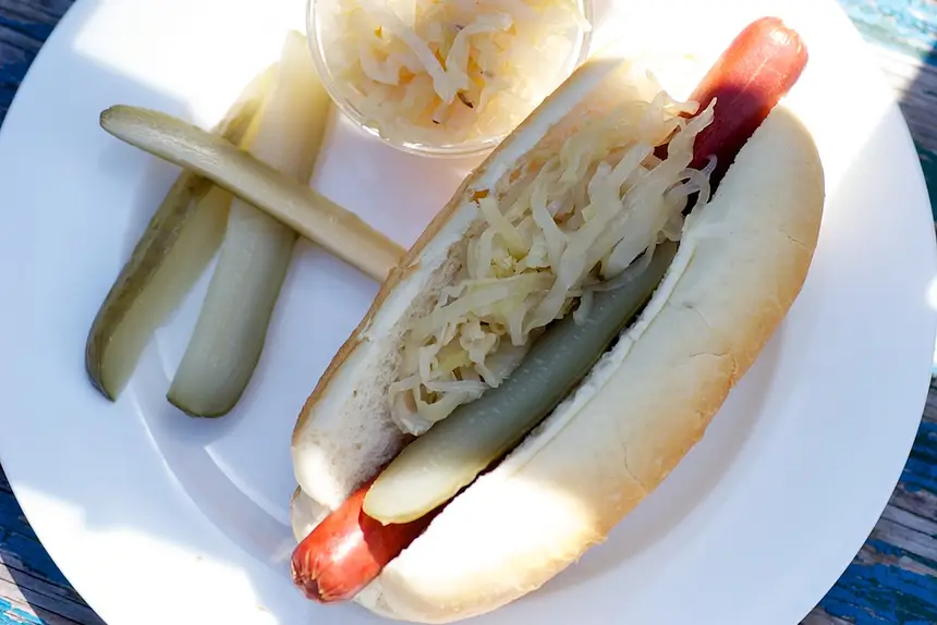 Hot Dogs with Homemade Sauerkraut & Pickles