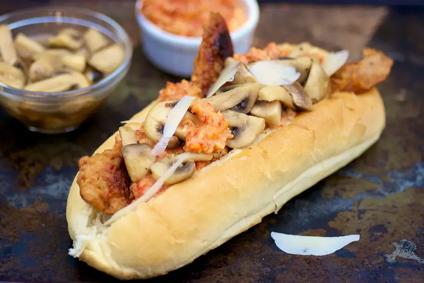 Chorizo Sausages with Pickled Mushrooms & Romesco Sauce