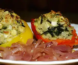 Yellow Peppers Stuffed with Quinoa, Corn & Feta Cheese