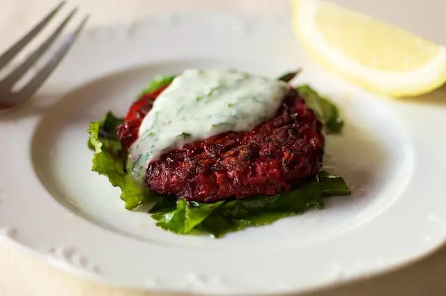 Beet Pancakes with Yogurt Dill Sauce