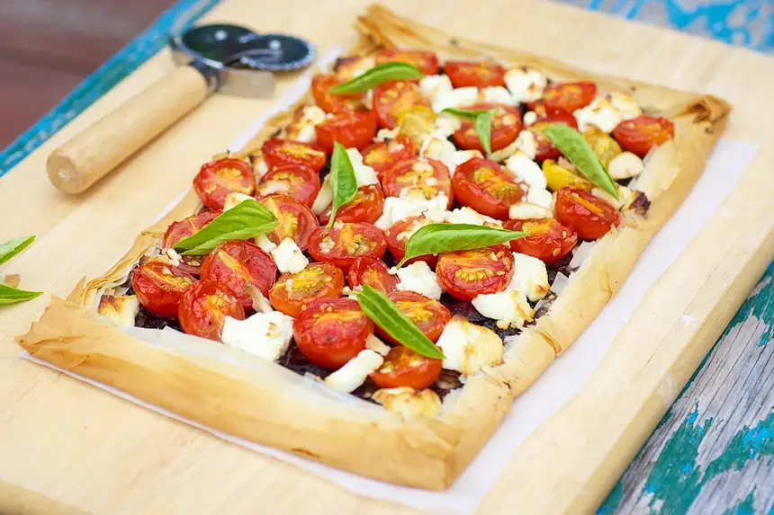 Cherry Tomato, Caramelized Onion, & Goat Cheese Phyllo Tart