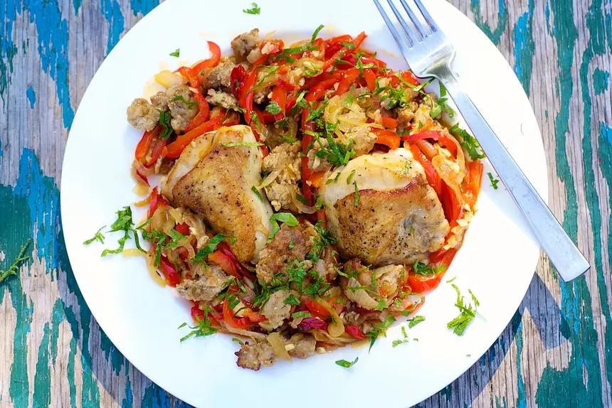 Chicken Scarpariello (Shoemaker-style) Chicken with Sausage & Hot Cherry Peppers